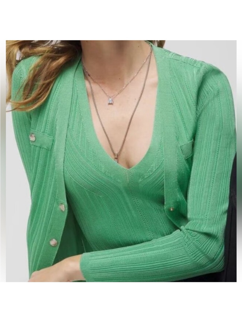 White House Black Market Lush Jade Medium Snap Front Cardigan & V-neck Tank